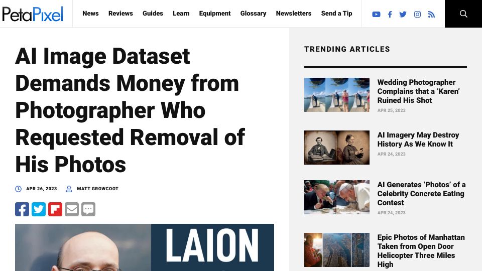 Screenshot of petapixel.com: LAION demands money from photographer who requested removal of photos