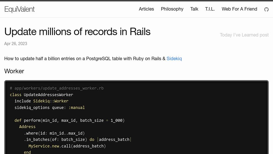 Screenshot of blog.eq8.eu: Update millions of records in Rails
