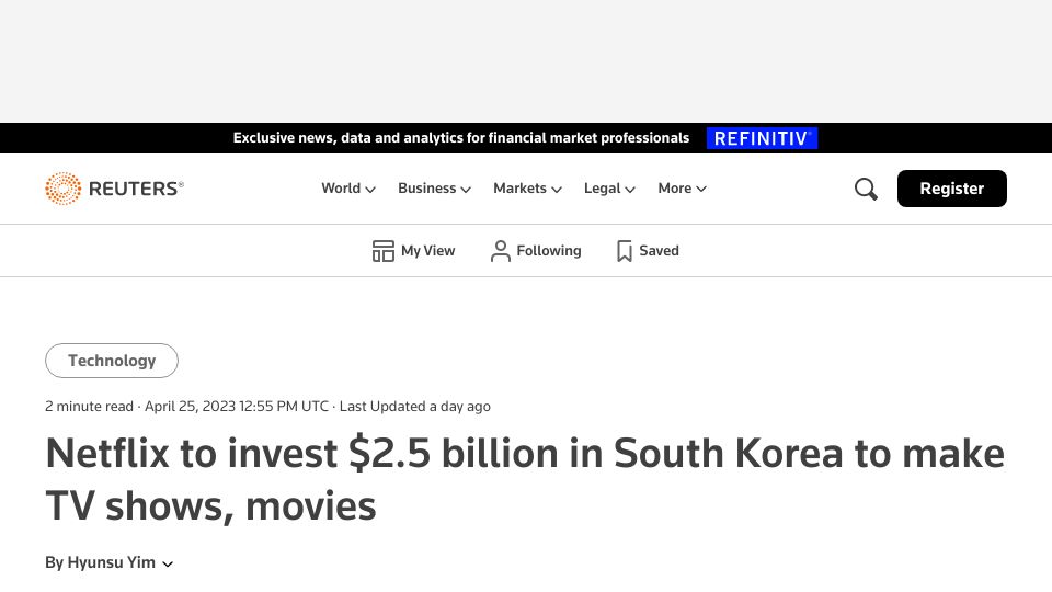 Screenshot of reuters.com: Netflix to invest $2.5B in South Korea to make TV shows, movies