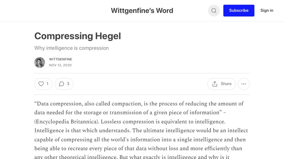 Screenshot of wittgenfine.substack.com: Compressing Hegel (2020)