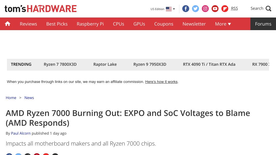 Screenshot of tomshardware.com: AMD Ryzen 7000 Burning Out: Impacts all 7000 processors