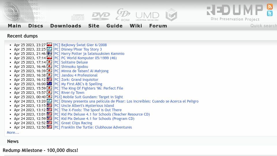 Screenshot of redump.org: Redump Milestone – 100k Discs