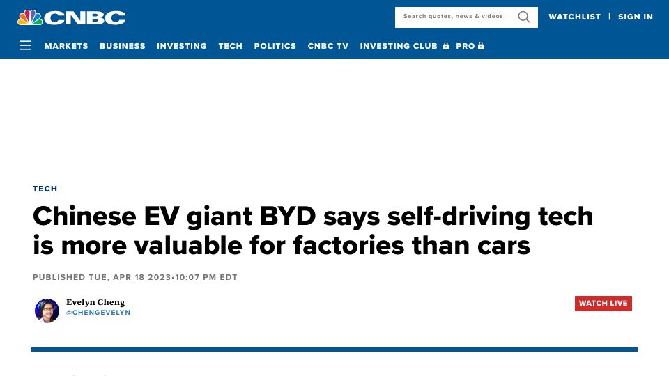 Screenshot of cnbc.com: BYD says self-driving tech is more valuable in factories than cars