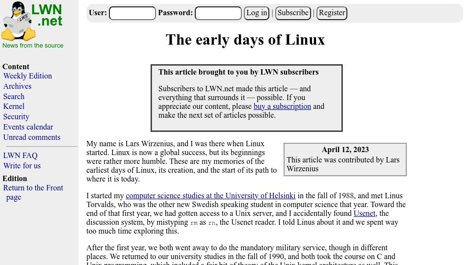 Screenshot of lwn.net: The Early Days of Linux