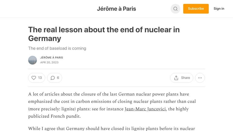 Screenshot of jeromeaparis.substack.com: The lesson about the end of nuclear in Germany