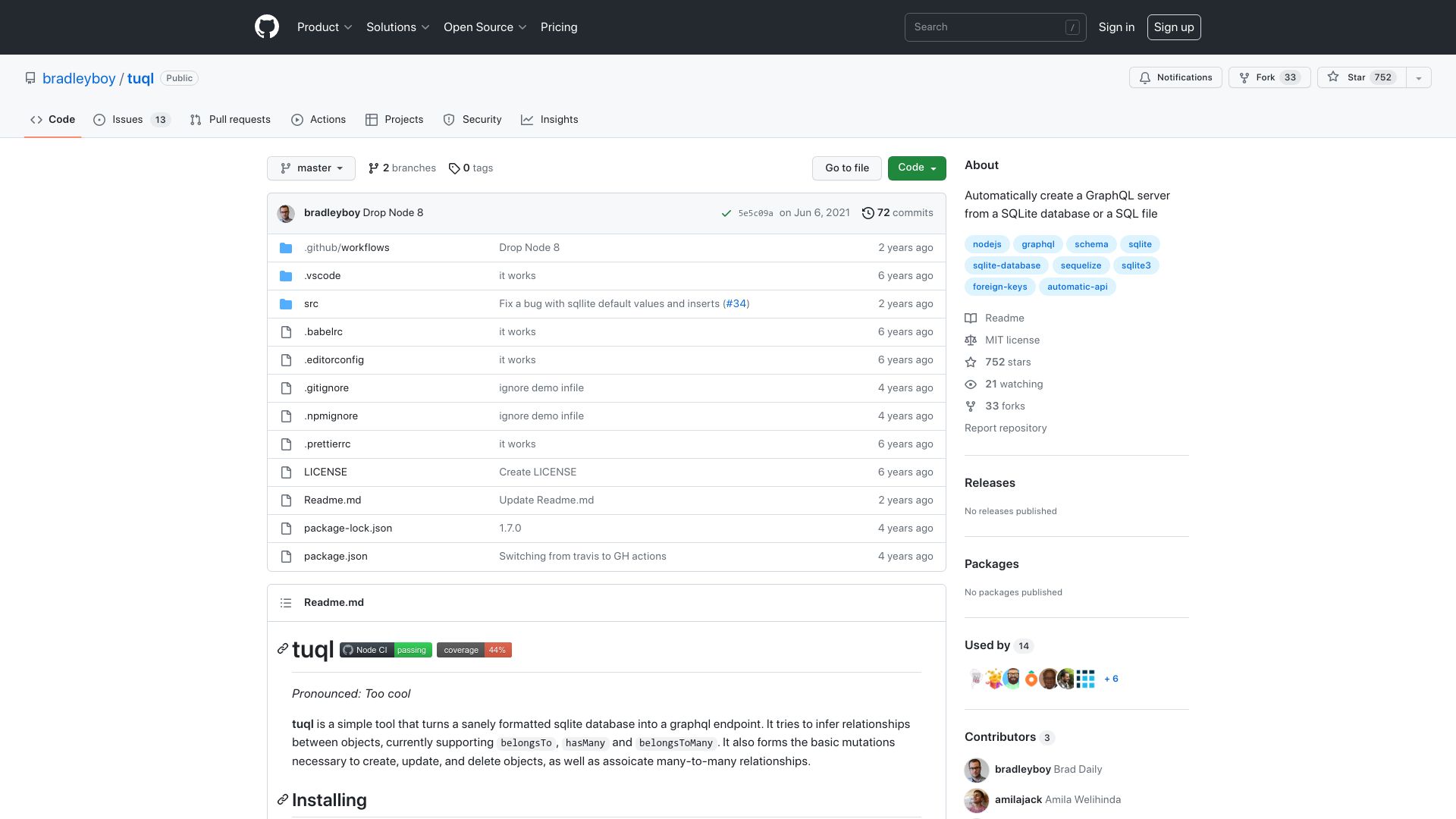 Screenshot of github.com: Tuql: Automatically create a GraphQL server from a SQLite database