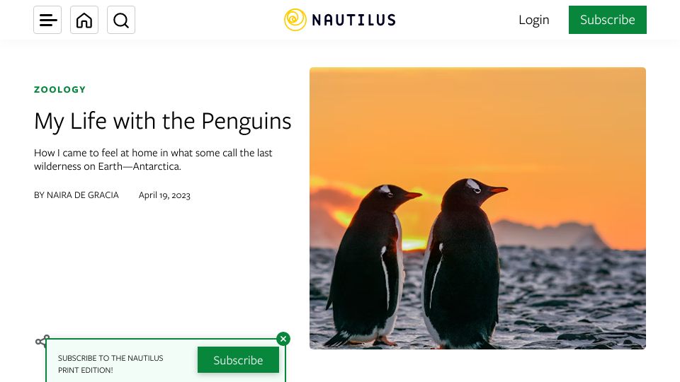 Screenshot of nautil.us: My Life with the Penguins