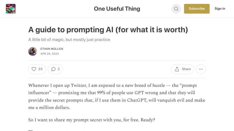 Screenshot of oneusefulthing.org: A guide to prompting AI, for what it is worth