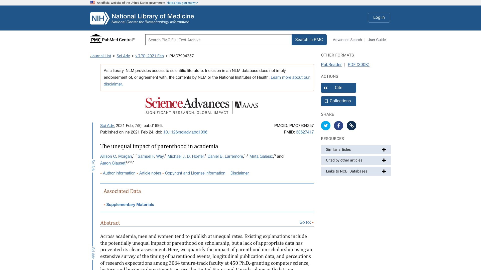 Screenshot of ncbi.nlm.nih.gov: The Unequal Impact of Parenthood in Academia (2021)