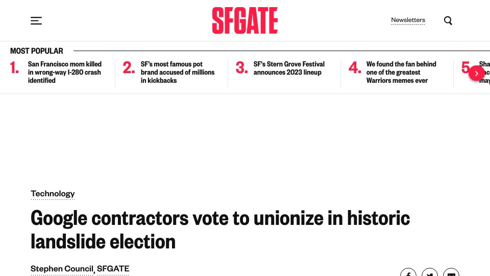 Screenshot of sfgate.com: Google contractors vote to unionize in historic landslide election