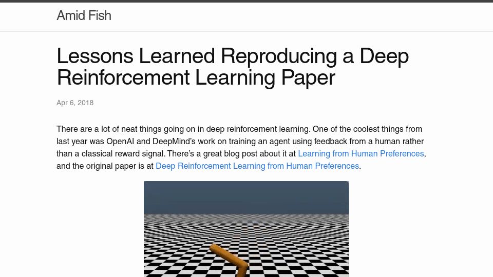 Screenshot of amid.fish: Lessons Learned Reproducing a Deep Reinforcement Learning Paper (2018)
