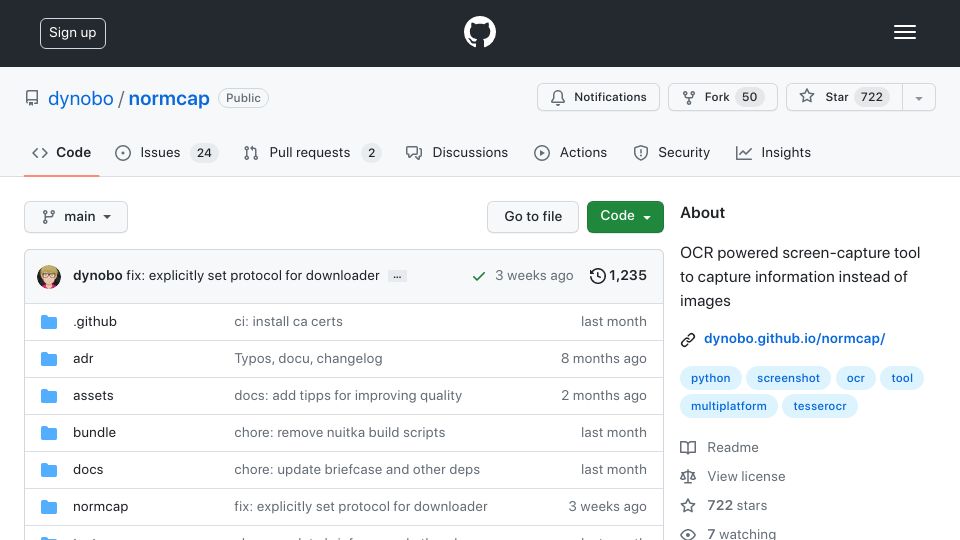 Screenshot of github.com: NormCap: OCR powered screen-capture tool