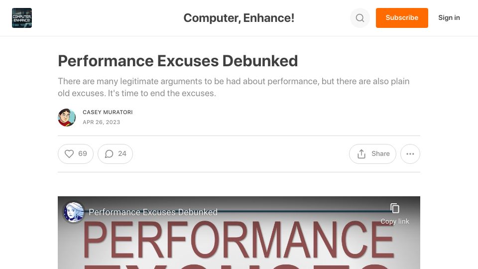 Screenshot of computerenhance.com: Performance excuses debunked