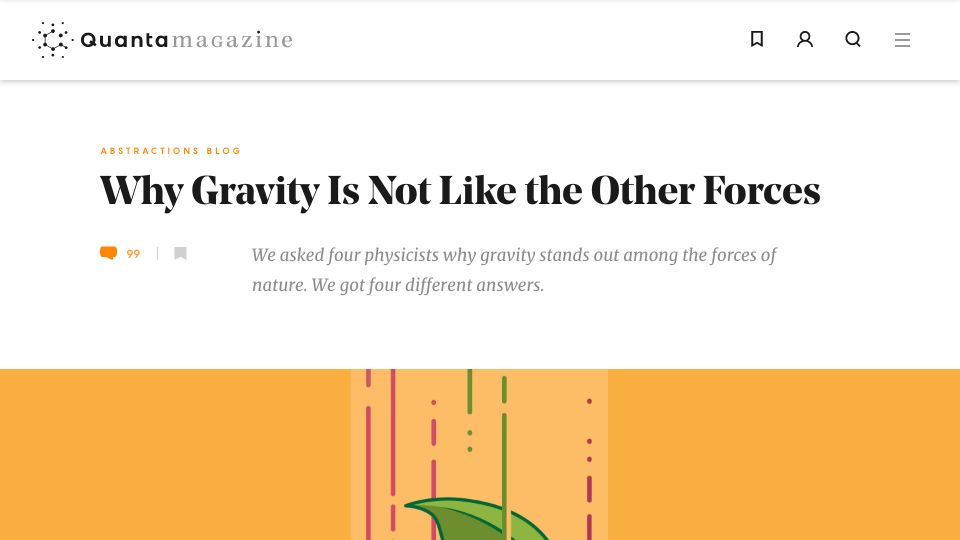 Screenshot of quantamagazine.org: Why gravity is not like the other forces