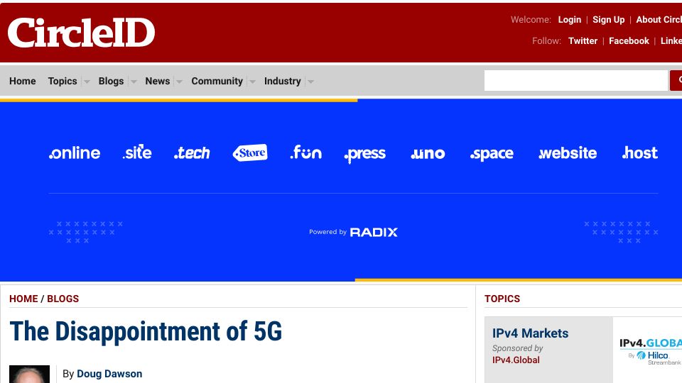 Screenshot of circleid.com: The Disappointment of 5G