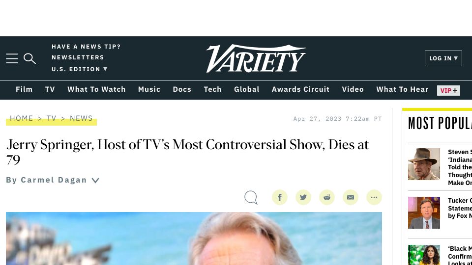 Screenshot of variety.com: Jerry Springer, Host of TV’s Most Controversial Show, Dies at 79