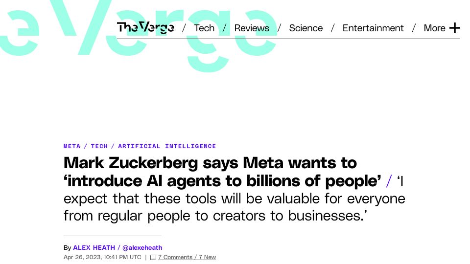 Screenshot of theverge.com: Mark Zuckerberg says Meta wants to ‘introduce AI agents to billions of people’