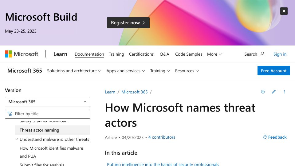 Screenshot of learn.microsoft.com: How Microsoft names threat actors
