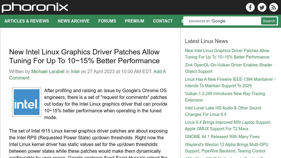 Screenshot of phoronix.com: New Intel Linux Graphics Driver Patches, Up to 10~15% Better Performance