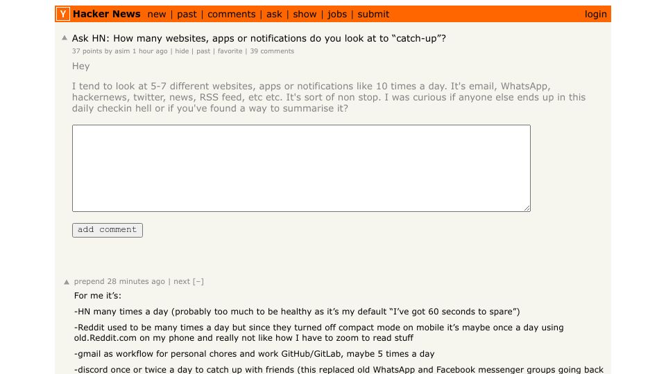 Screenshot of Hacker News post: Ask HN: How many websites, apps or notifications do you look at to “catch-up”?