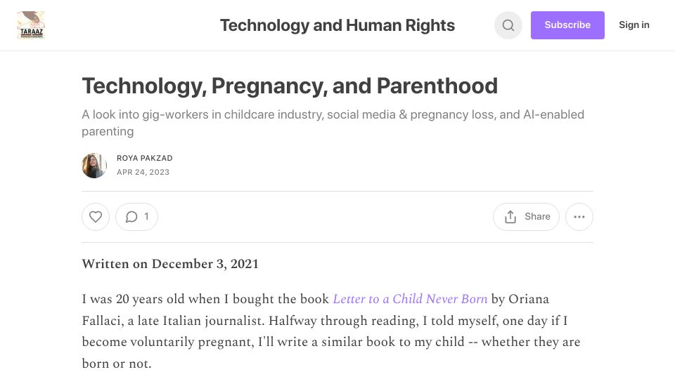 Screenshot of royapakzad.substack.com: Technology, Pregnancy, and Parenthood (2021)