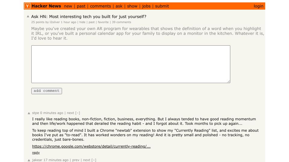 Screenshot of Hacker News post: Ask HN: Most interesting tech you built for just yourself?