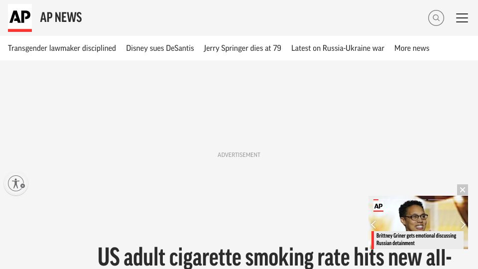 Screenshot of apnews.com: US adult cigarette smoking rate hits new all-time low