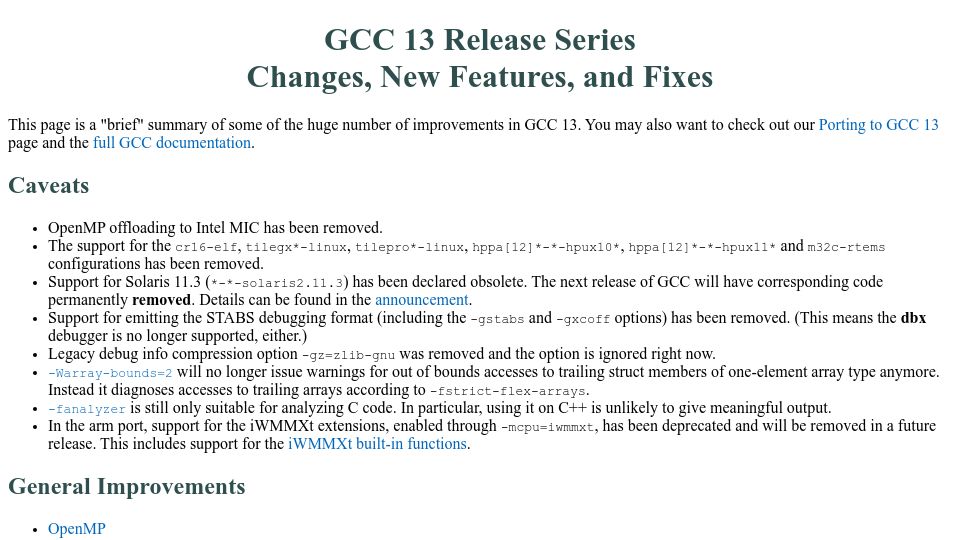 Screenshot of gcc.gnu.org: GCC 13 Released