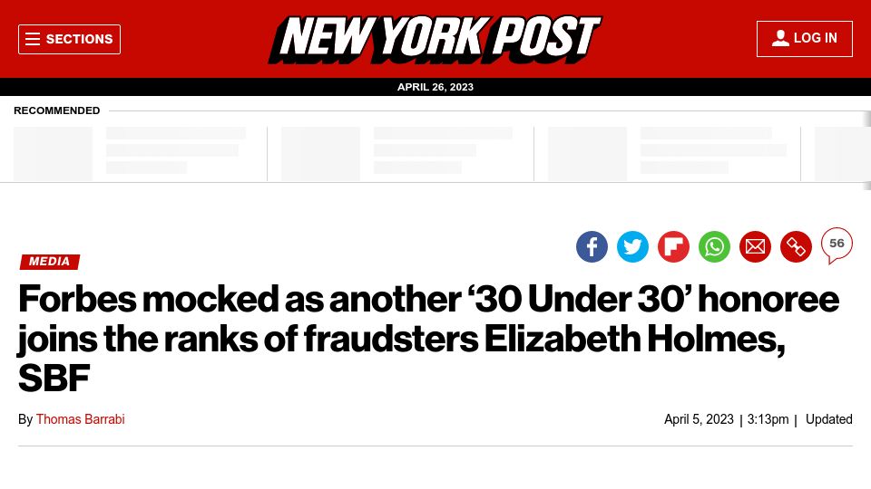 Screenshot of nypost.com: Forbes 30 Under 30 Mocked: Incredible Track Record of Fraud