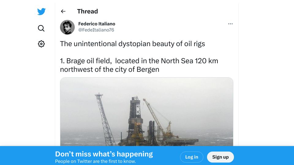 Screenshot of twitter.com: The unintentional dystopian beauty of oil rigs