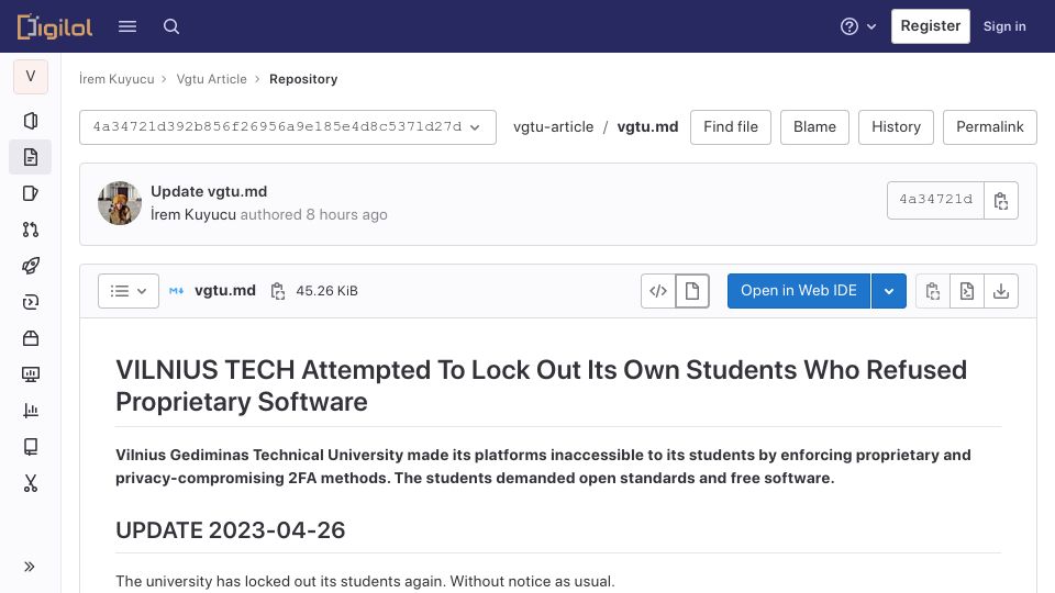 Screenshot of gitlab.digilol.net: Lithuanian university locks out students again for not using proprietary 2FA