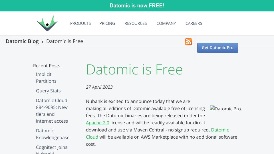 Screenshot of blog.datomic.com: Datomic is Free