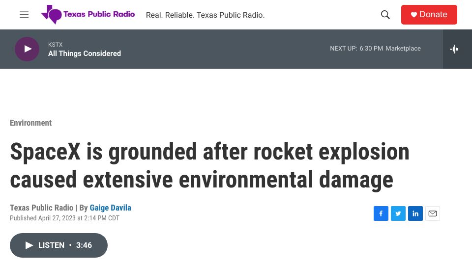 Screenshot of tpr.org: SpaceX grounded after a rocket explosion caused extensive environmental damage