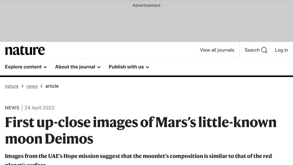 Screenshot of nature.com: First up-close images of Mars’s little-known moon Deimos