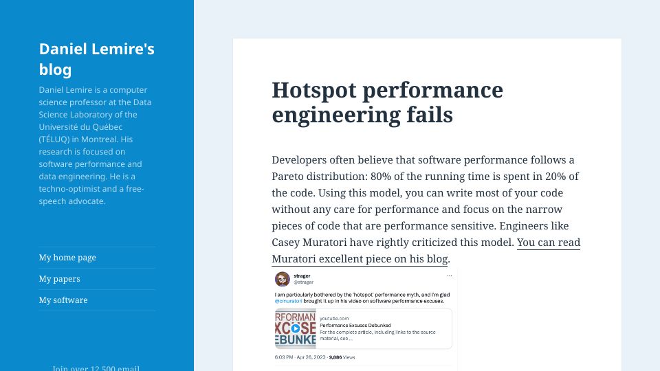 Screenshot of lemire.me: Hotspot performance engineering fails