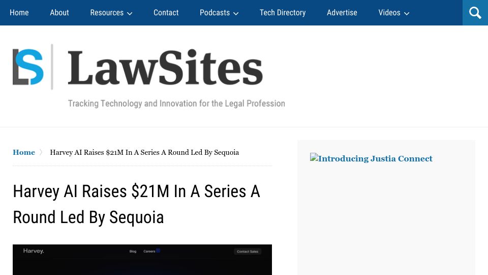 Screenshot of lawnext.com: Harvey AI raises $21M in a Series A round led by Sequoia