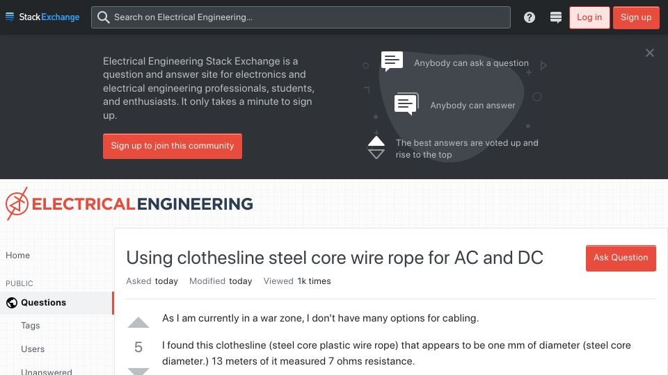 Screenshot of electronics.stackexchange.com: As I am currently in a war zone, I don't have many options for cabling