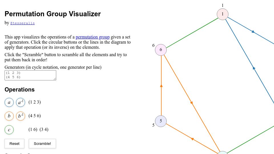Screenshot of permutation-groups.glitch.me: Permutation Group Visualizer