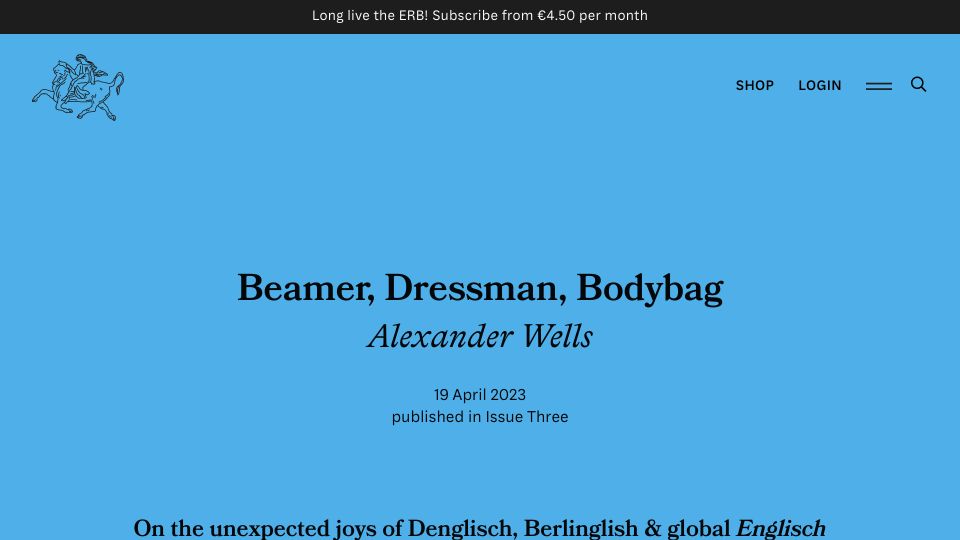 Screenshot of europeanreviewofbooks.com: On the unexpected joys of Denglisch, Berlinglish and global Englisch