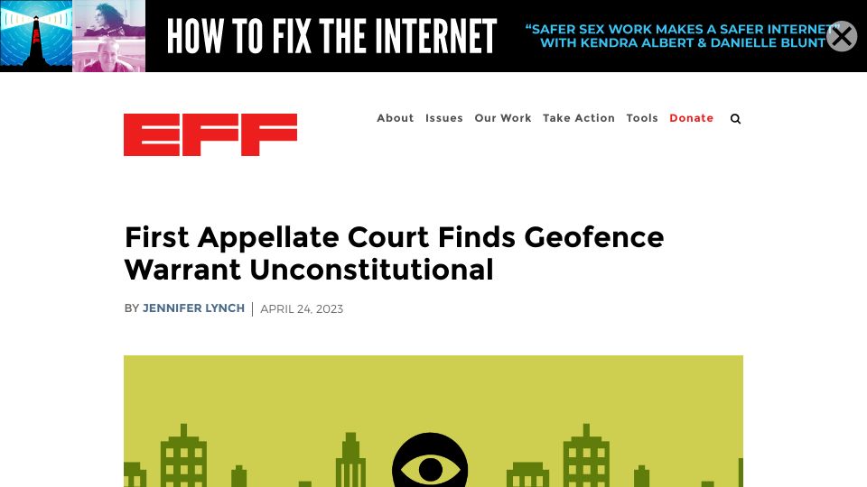Screenshot of eff.org: California Court of Appeal finds geofence warrant unconstitutional