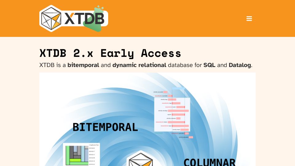 Screenshot of xtdb.com: XTDB 2.x Early Access