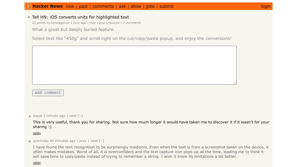 Screenshot of Hacker News post: Tell HN: iOS converts units for highlighted text