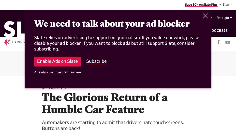 Screenshot of slate.com: Automakers are starting to admit that drivers hate touchscreens