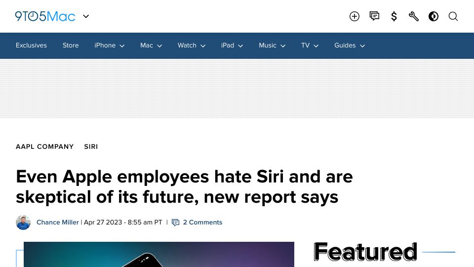 Screenshot of 9to5mac.com: Even Apple employees hate Siri and are skeptical of its future, new report says