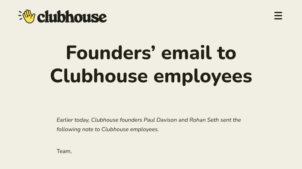 Screenshot of blog.clubhouse.com: Founders’ Email to Clubhouse Employees