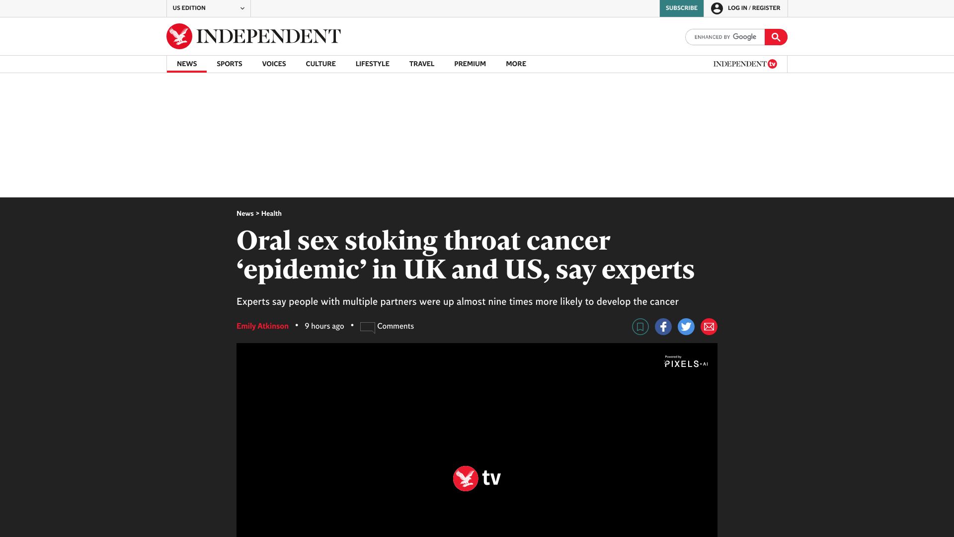Screenshot of independent.co.uk: Oral Sex Stoking Throat Cancer ‘Epidemic’ in UK and US