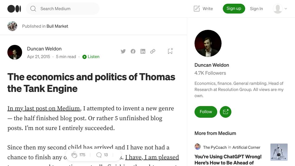 Screenshot of medium.com: The economics and politics of Thomas the Tank Engine (2015)