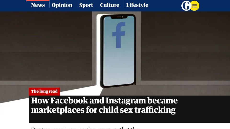 Screenshot of theguardian.com: How Facebook and Instagram became marketplaces for child sex trafficking