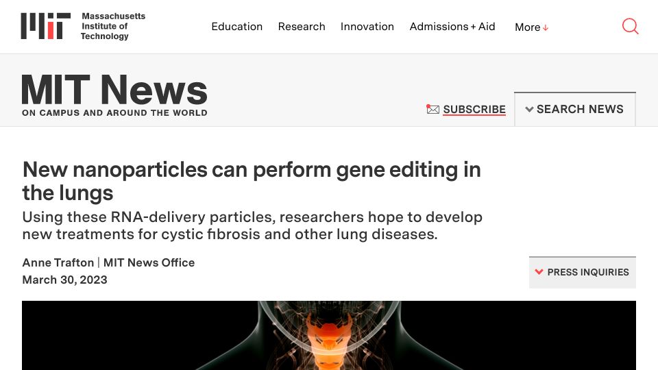 Screenshot of news.mit.edu: New nanoparticles can perform gene editing in the lungs