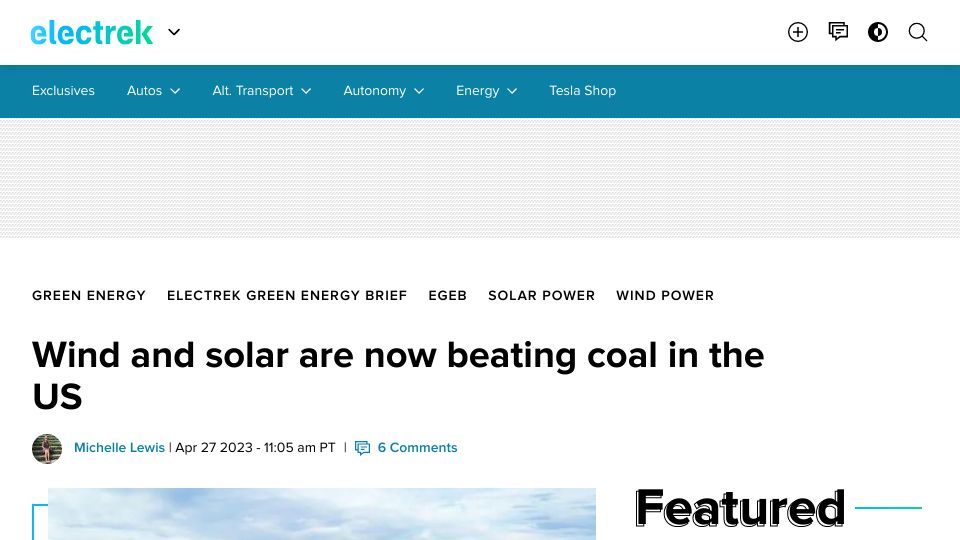 Screenshot of electrek.co: Wind and solar are now beating coal in the US